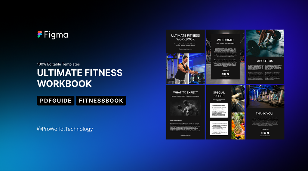 Figma Ultimate Fitness Workbook with multiple pages displayed on a blue gradient background.