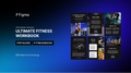 Figma Ultimate Fitness Workbook with multiple pages displayed on a blue gradient background.
